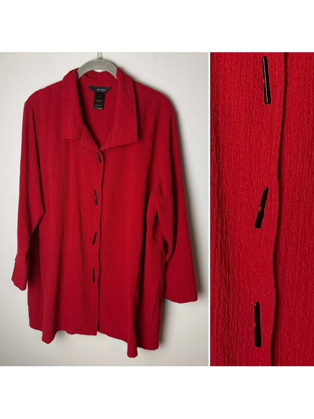 Ali Miles Tunic Top Size XL Red Crinkle Textured Toggle Buttons Lagenlook Artsy